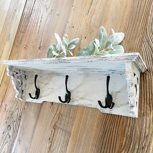 Farmhouse Vintage Rustic Wood Shelf Hanger w Hooks
